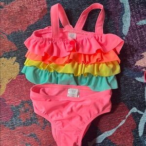 Baby Gap Coral Neon Ruffled Toddler two piece swimsuit